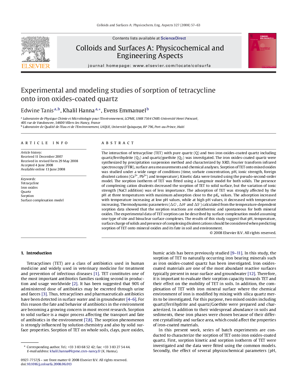 Experimental and modeling studies of sorption of tetracycline onto iron oxides-coated quartz