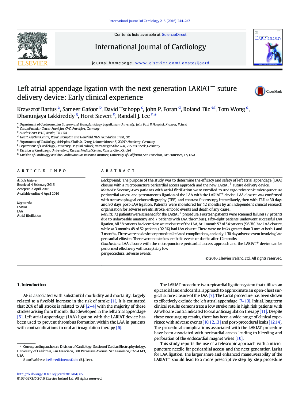 Left atrial appendage ligation with the next generation LARIAT+ suture delivery device: Early clinical experience