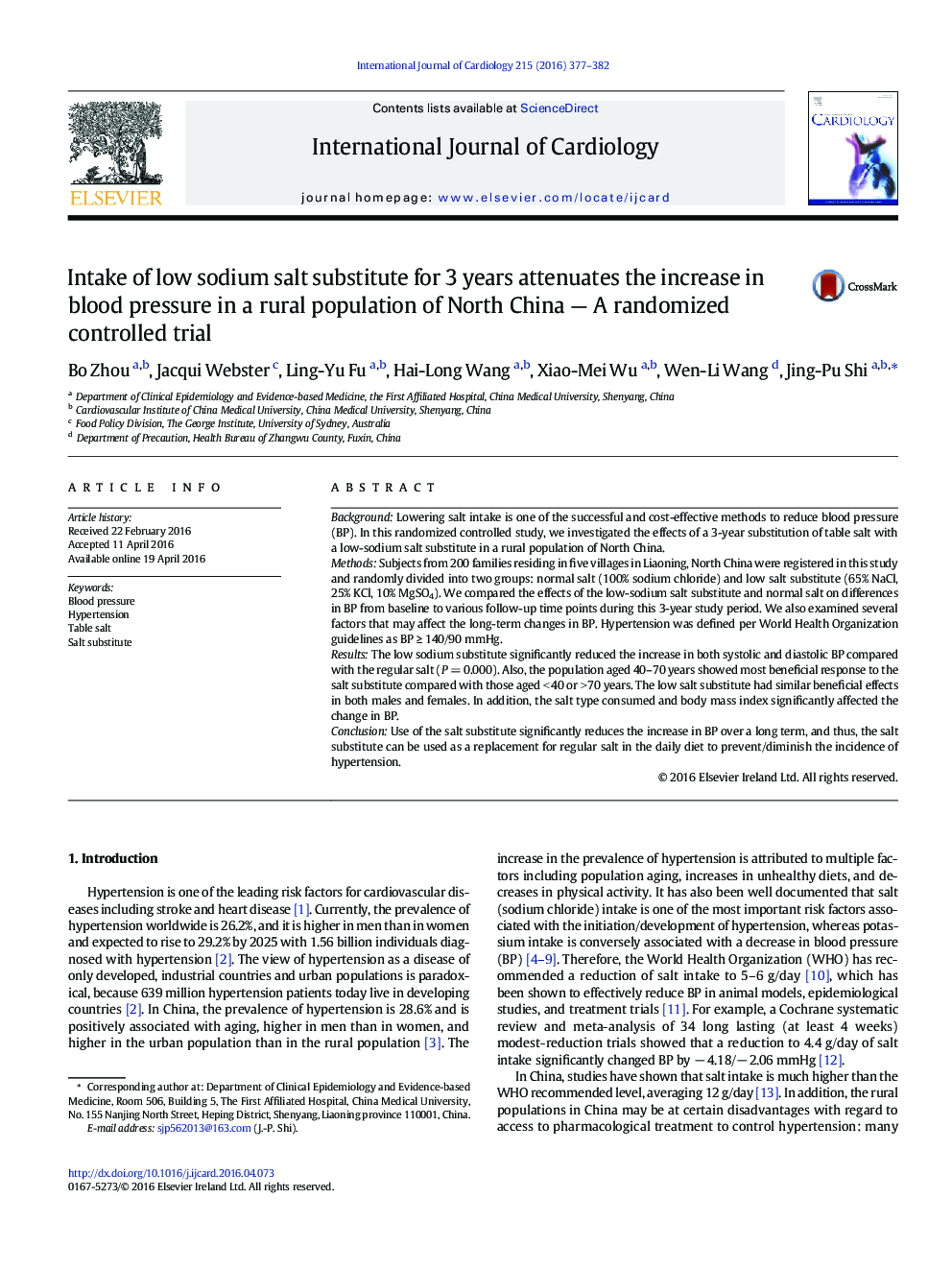 Intake of low sodium salt substitute for 3 years attenuates the increase in blood pressure in a rural population of North China - A randomized controlled trial