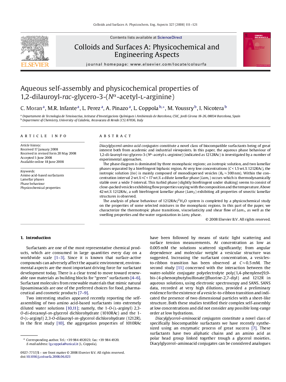 Aqueous self-assembly and physicochemical properties of 1,2-dilauroyl-rac-glycero-3-(Nα-acetyl-l-arginine)