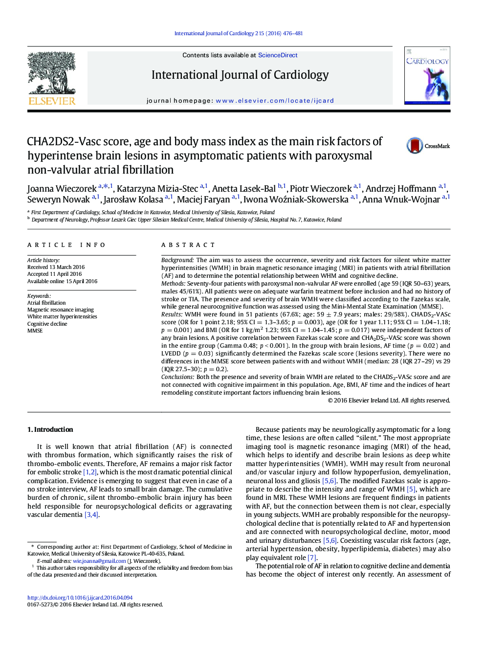 CHA2DS2-Vasc score, age and body mass index as the main risk factors of hyperintense brain lesions in asymptomatic patients with paroxysmal non-valvular atrial fibrillation