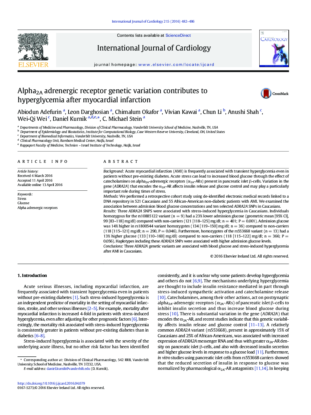 Alpha2A adrenergic receptor genetic variation contributes to hyperglycemia after myocardial infarction