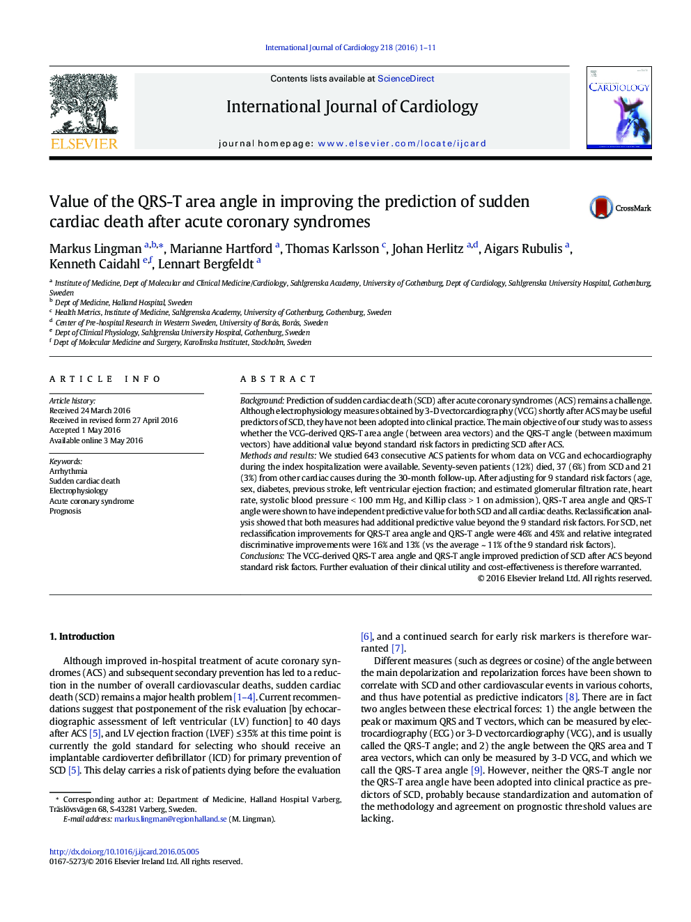 Value of the QRS-T area angle in improving the prediction of sudden cardiac death after acute coronary syndromes