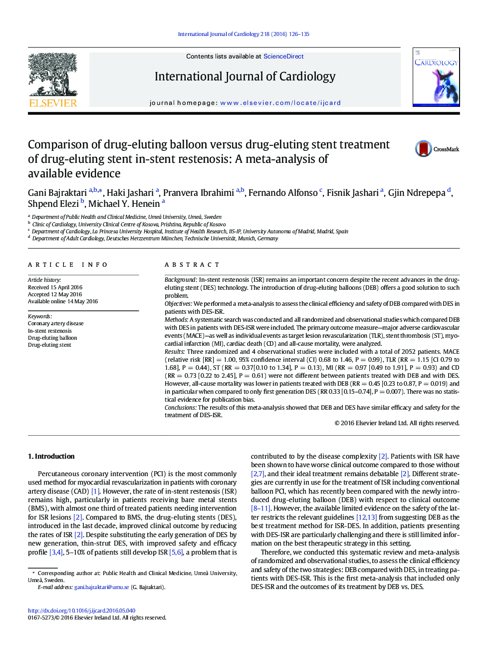 Comparison of drug-eluting balloon versus drug-eluting stent treatment of drug-eluting stent in-stent restenosis: A meta-analysis of available evidence