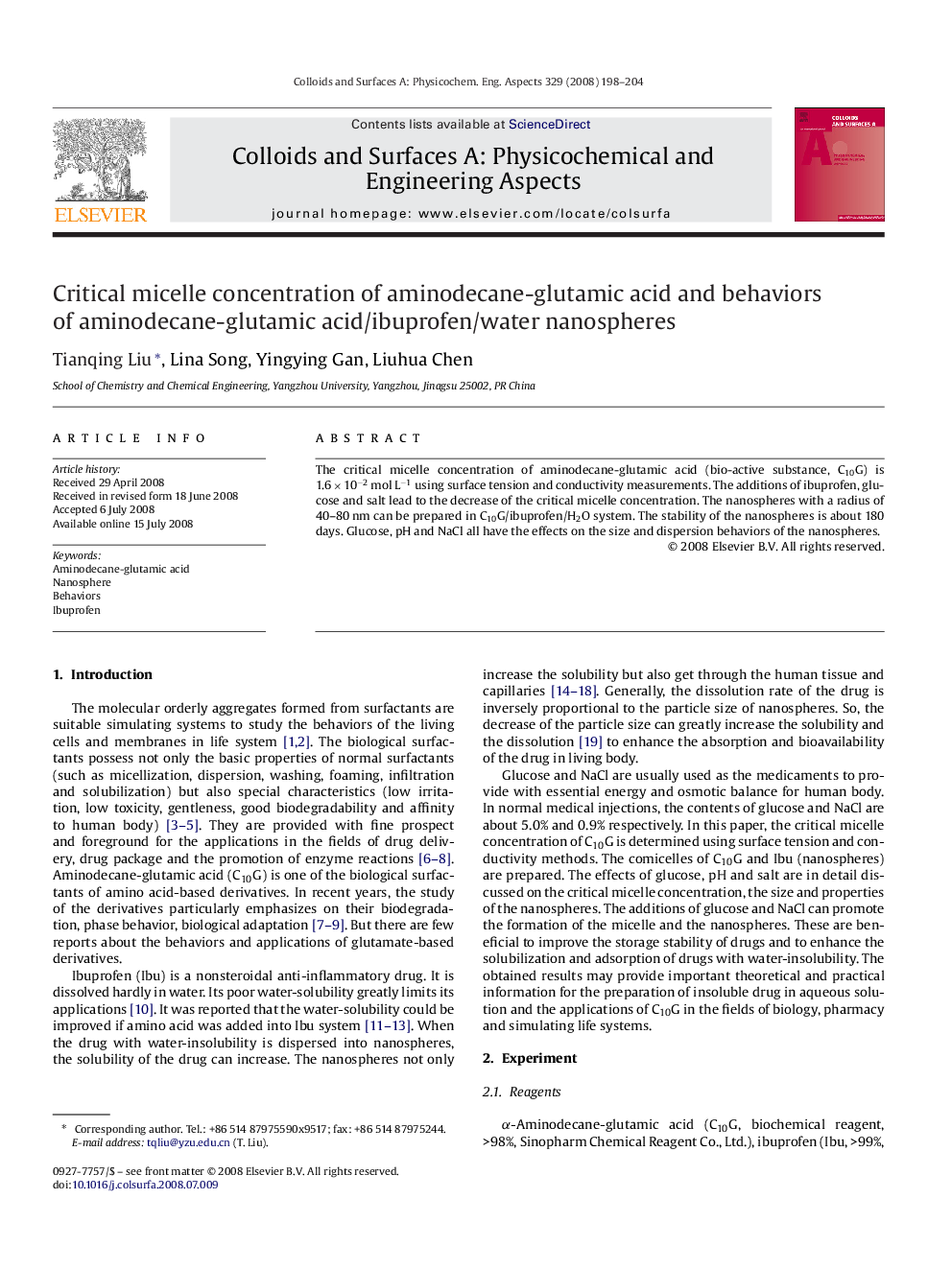 Critical micelle concentration of aminodecane-glutamic acid and behaviors of aminodecane-glutamic acid/ibuprofen/water nanospheres