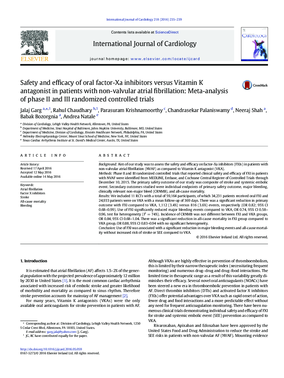 Safety and efficacy of oral factor-Xa inhibitors versus Vitamin K antagonist in patients with non-valvular atrial fibrillation: Meta-analysis of phase II and III randomized controlled trials