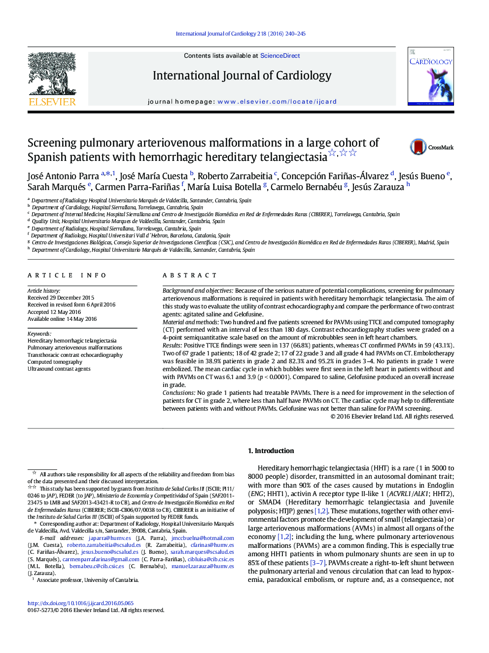 Screening pulmonary arteriovenous malformations in a large cohort of Spanish patients with hemorrhagic hereditary telangiectasia