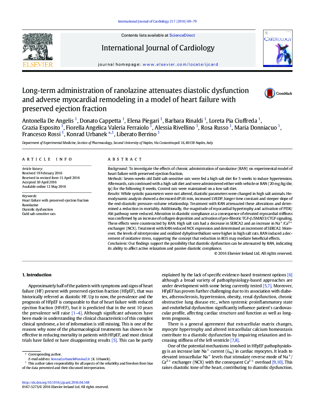 Long-term administration of ranolazine attenuates diastolic dysfunction and adverse myocardial remodeling in a model of heart failure with preserved ejection fraction