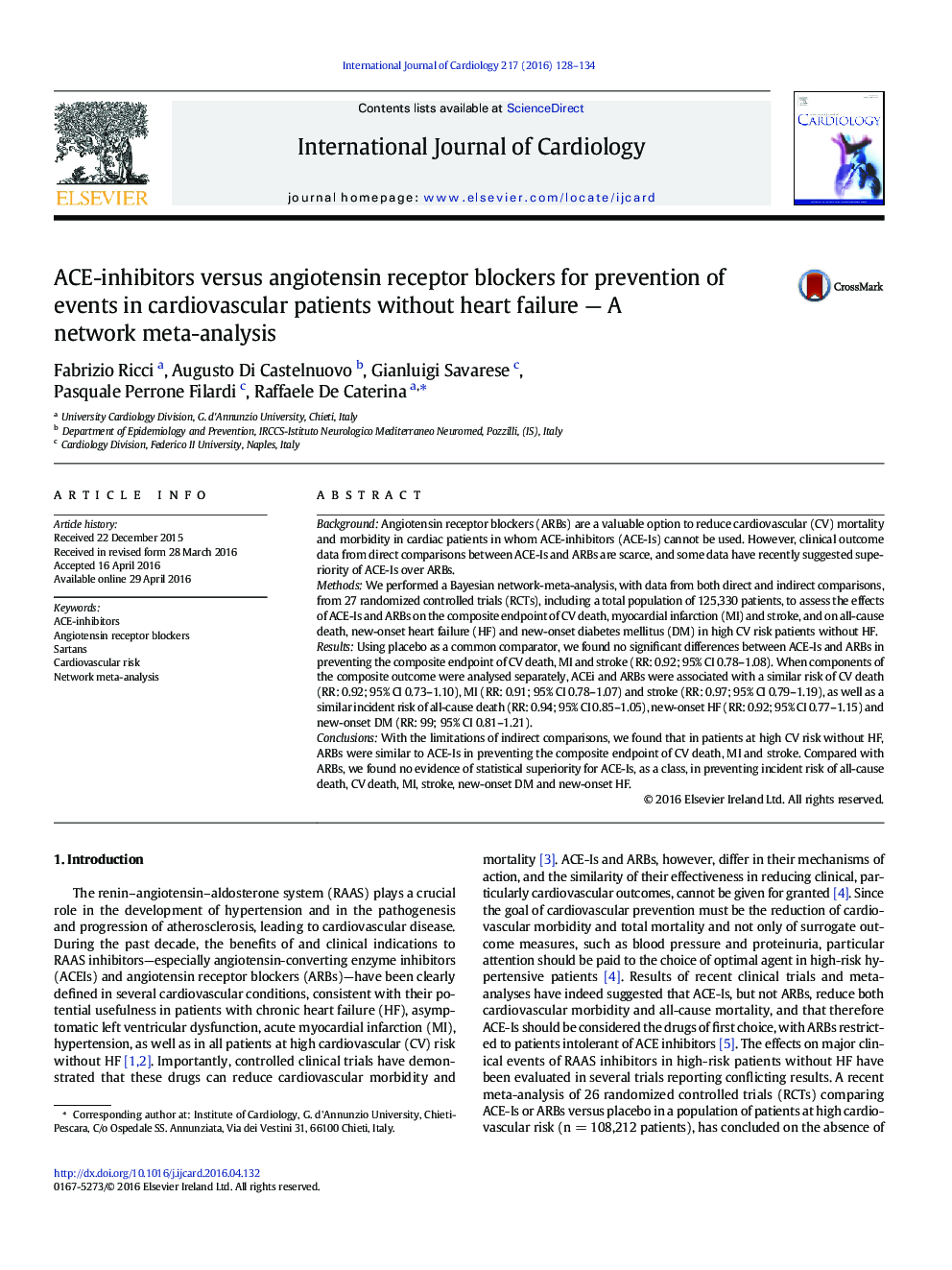 ACE-inhibitors versus angiotensin receptor blockers for prevention of events in cardiovascular patients without heart failure - A network meta-analysis