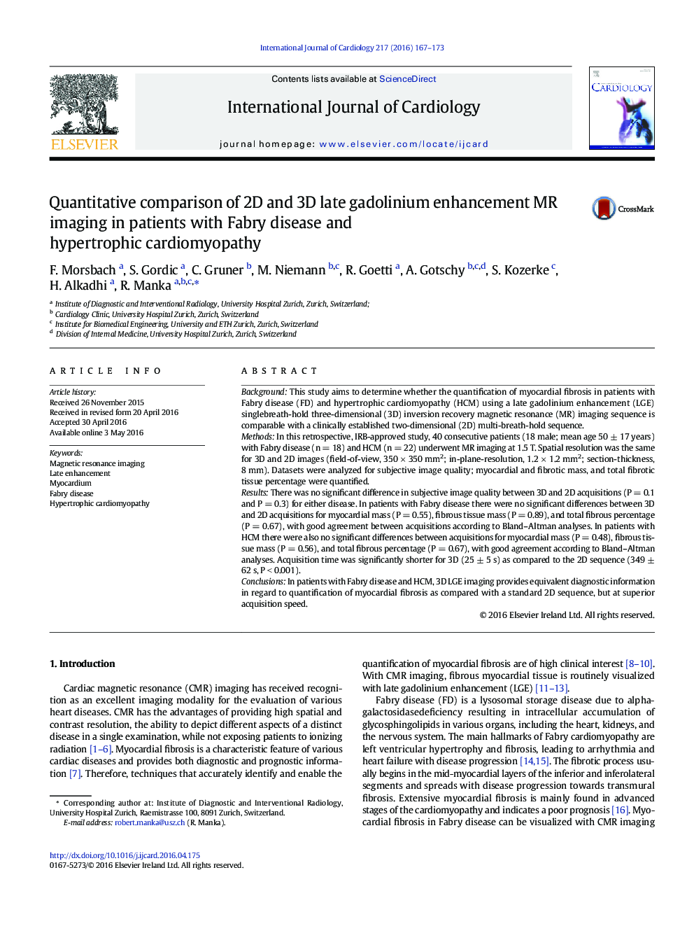 Quantitative comparison of 2D and 3D late gadolinium enhancement MR imaging in patients with Fabry disease and hypertrophic cardiomyopathy