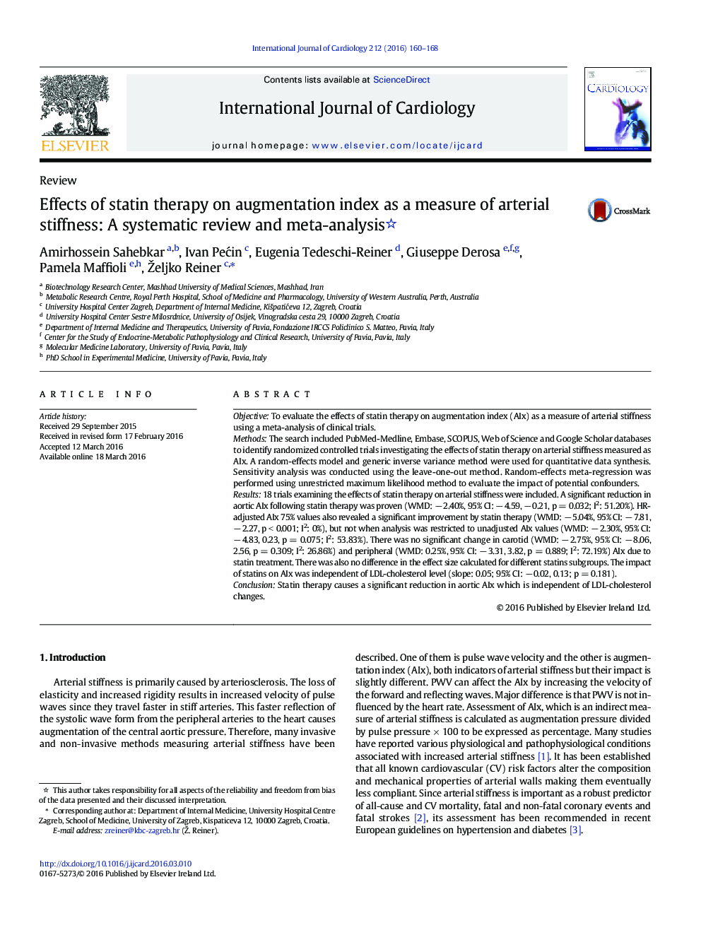 Effects of statin therapy on augmentation index as a measure of arterial stiffness: A systematic review and meta-analysis