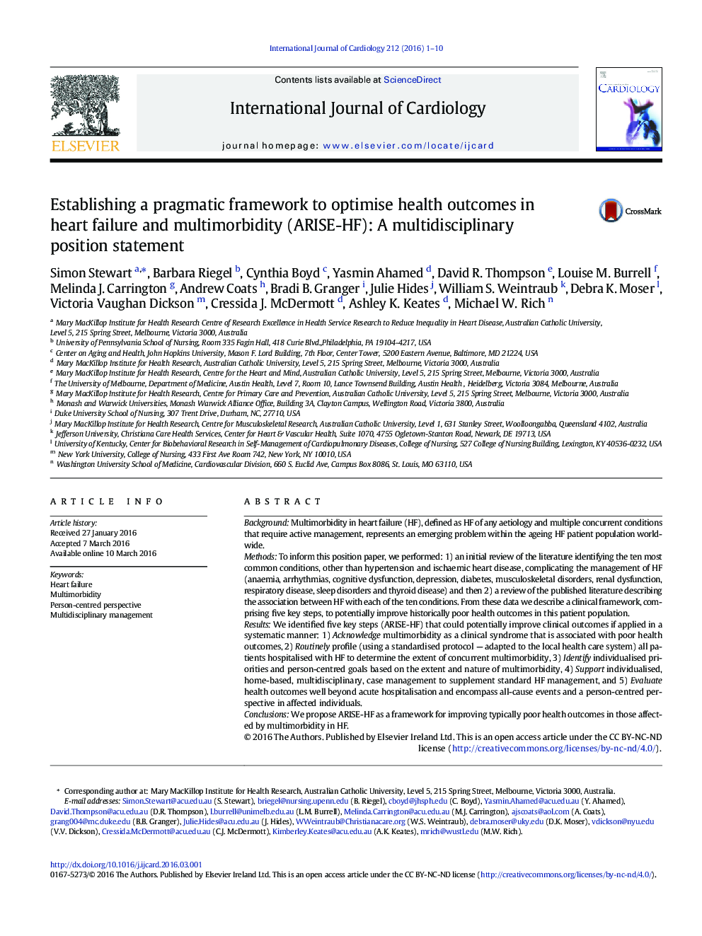 Establishing a pragmatic framework to optimise health outcomes in heart failure and multimorbidity (ARISE-HF): A multidisciplinary position statement