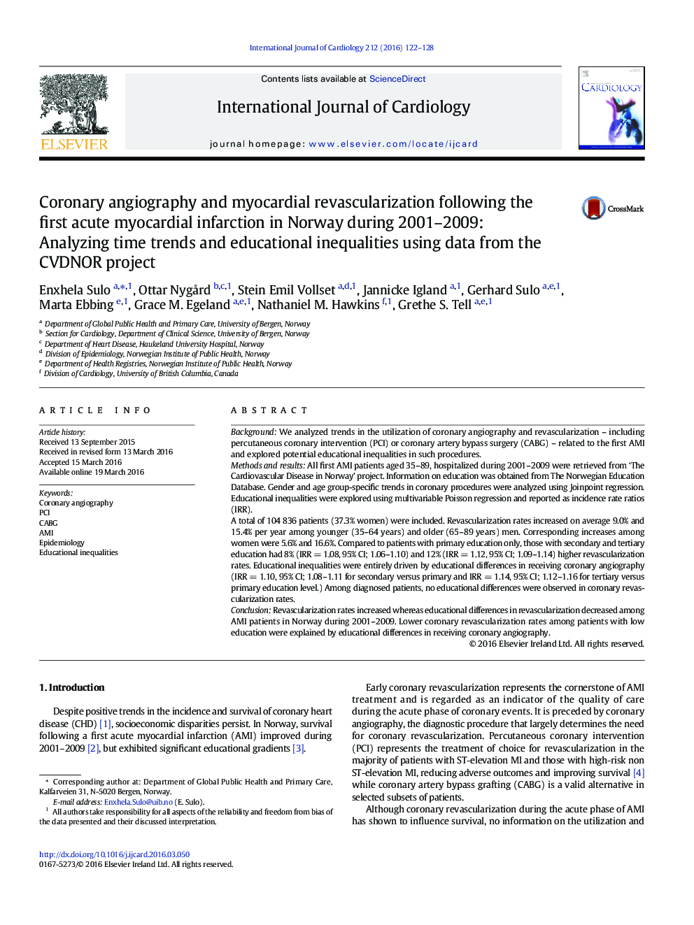 Coronary angiography and myocardial revascularization following the first acute myocardial infarction in Norway during 2001-2009: Analyzing time trends and educational inequalities using data from the CVDNOR project