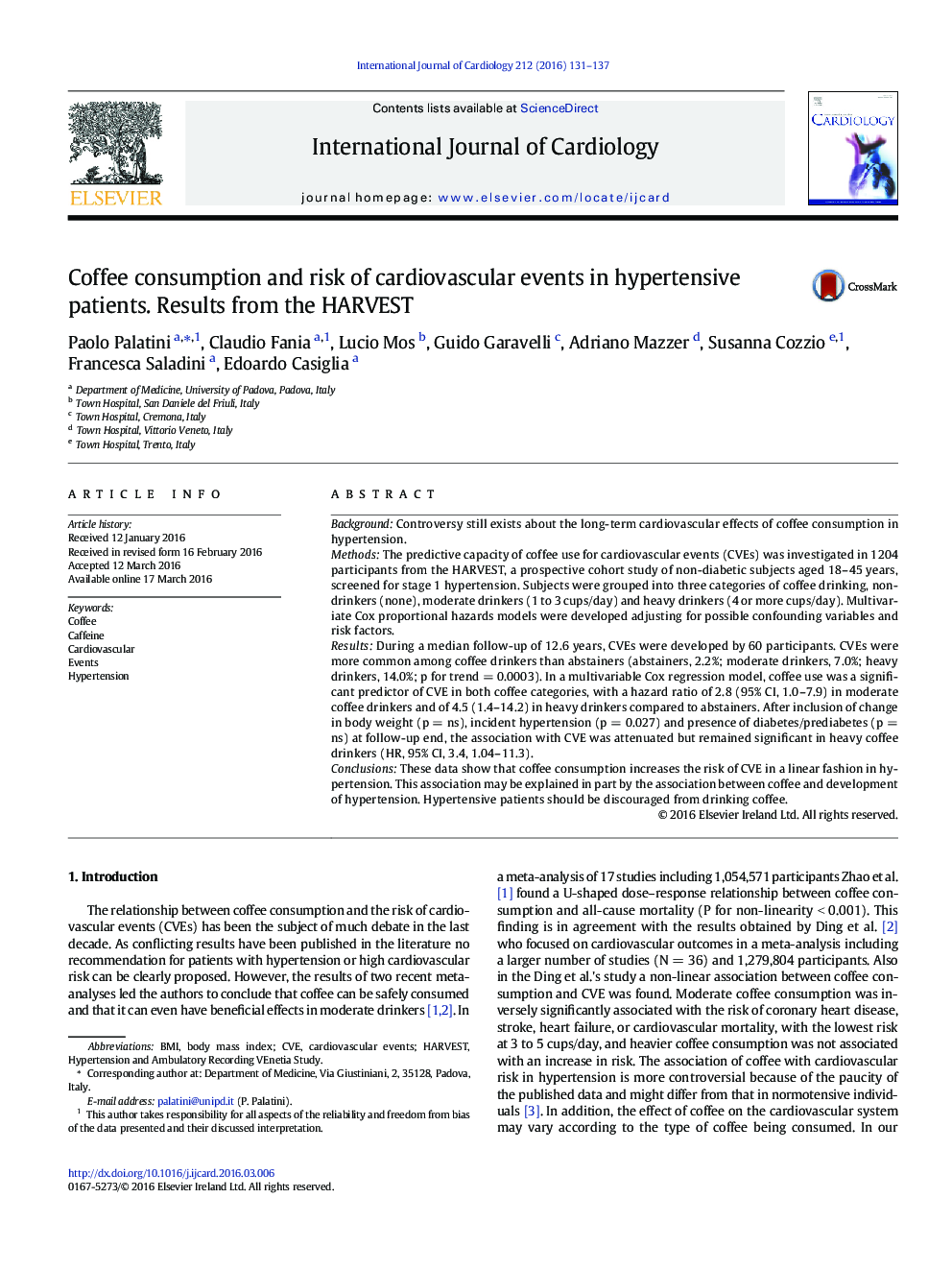 Coffee consumption and risk of cardiovascular events in hypertensive patients. Results from the HARVEST