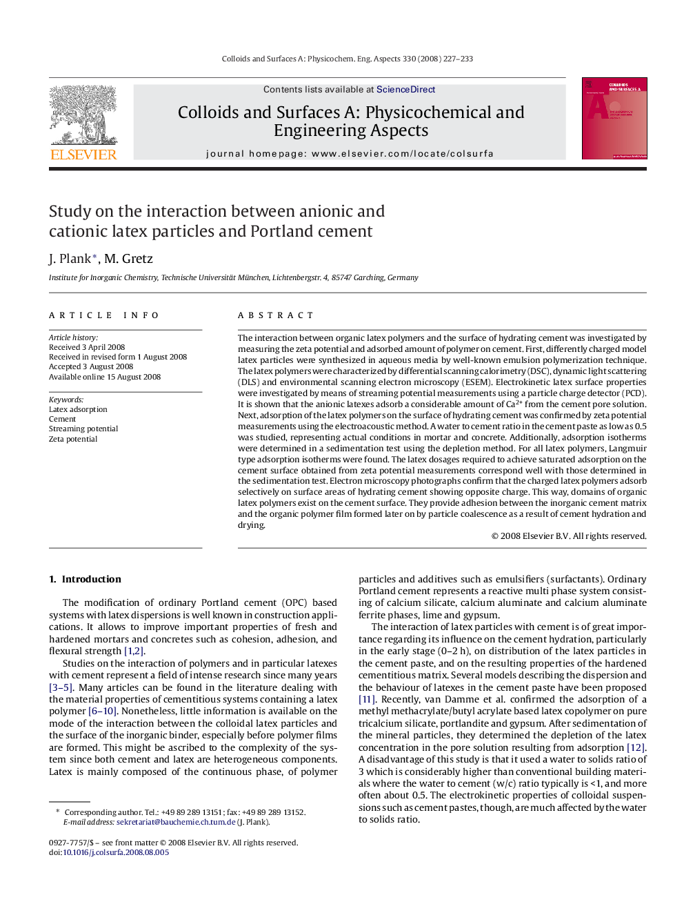 Study on the interaction between anionic and cationic latex particles and Portland cement