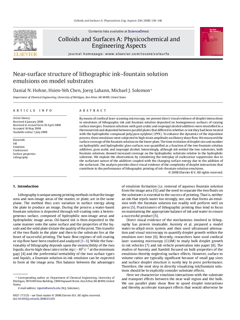 Near-surface structure of lithographic ink–fountain solution emulsions on model substrates