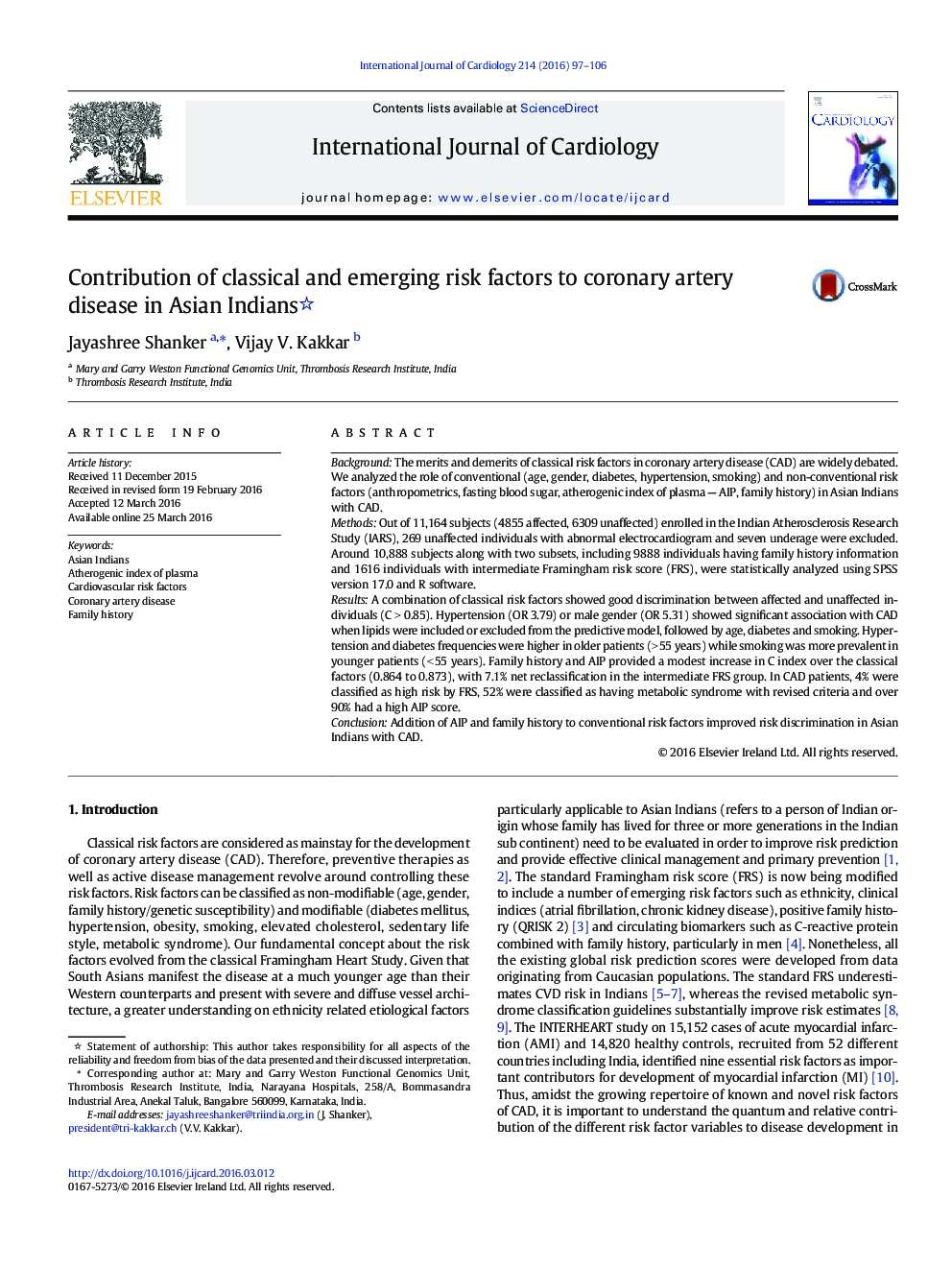 Contribution of classical and emerging risk factors to coronary artery disease in Asian Indians