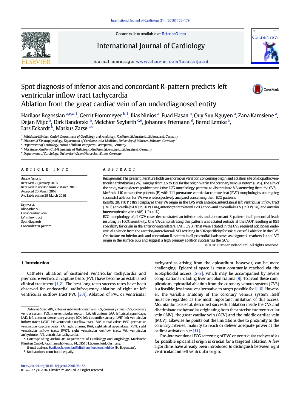 Spot diagnosis of inferior axis and concordant R-pattern predicts left ventricular inflow tract tachycardia: Ablation from the great cardiac vein of an underdiagnosed entity