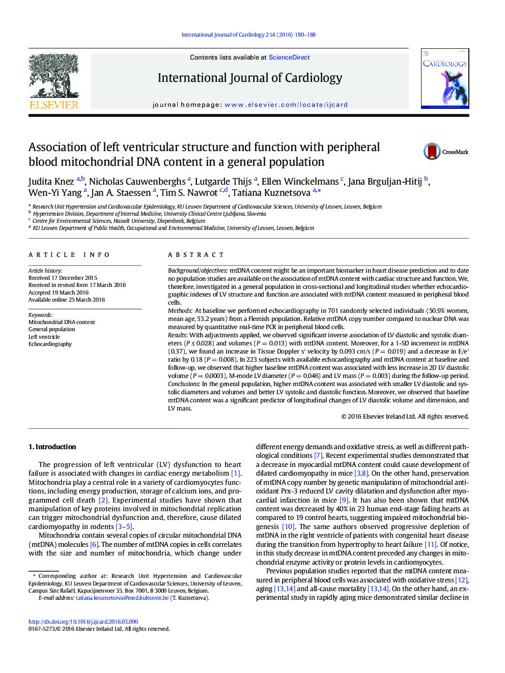 Association of left ventricular structure and function with peripheral blood mitochondrial DNA content in a general population