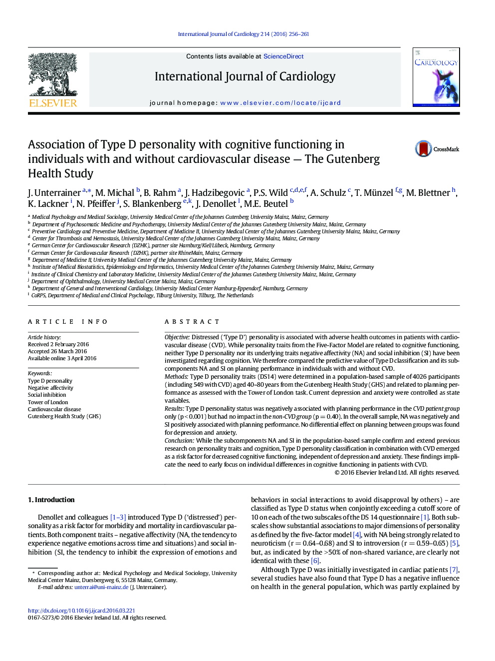 Association of Type D personality with cognitive functioning in individuals with and without cardiovascular disease - The Gutenberg Health Study