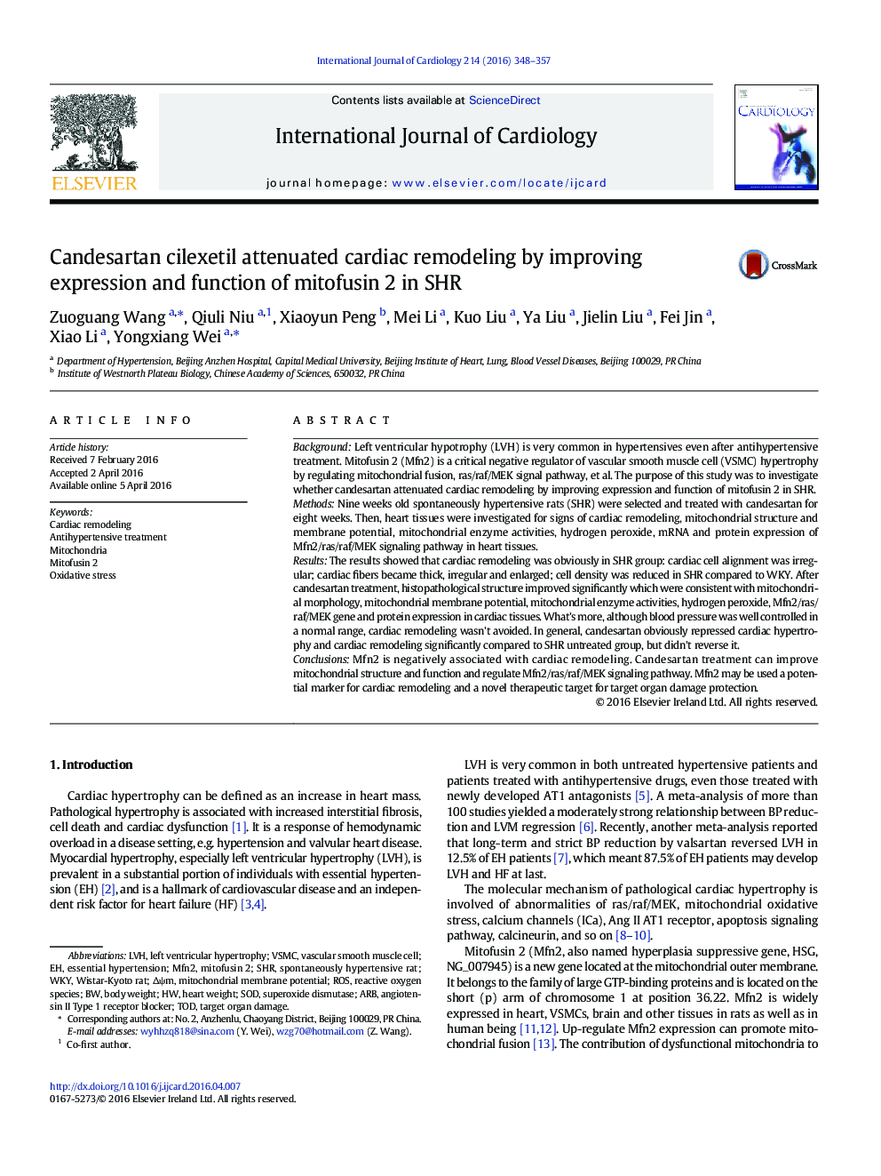 Candesartan cilexetil attenuated cardiac remodeling by improving expression and function of mitofusin 2 in SHR