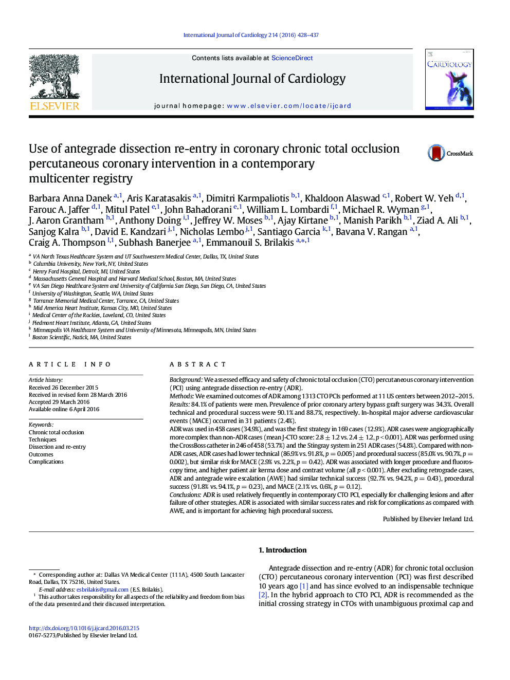 Use of antegrade dissection re-entry in coronary chronic total occlusion percutaneous coronary intervention in a contemporary multicenter registry