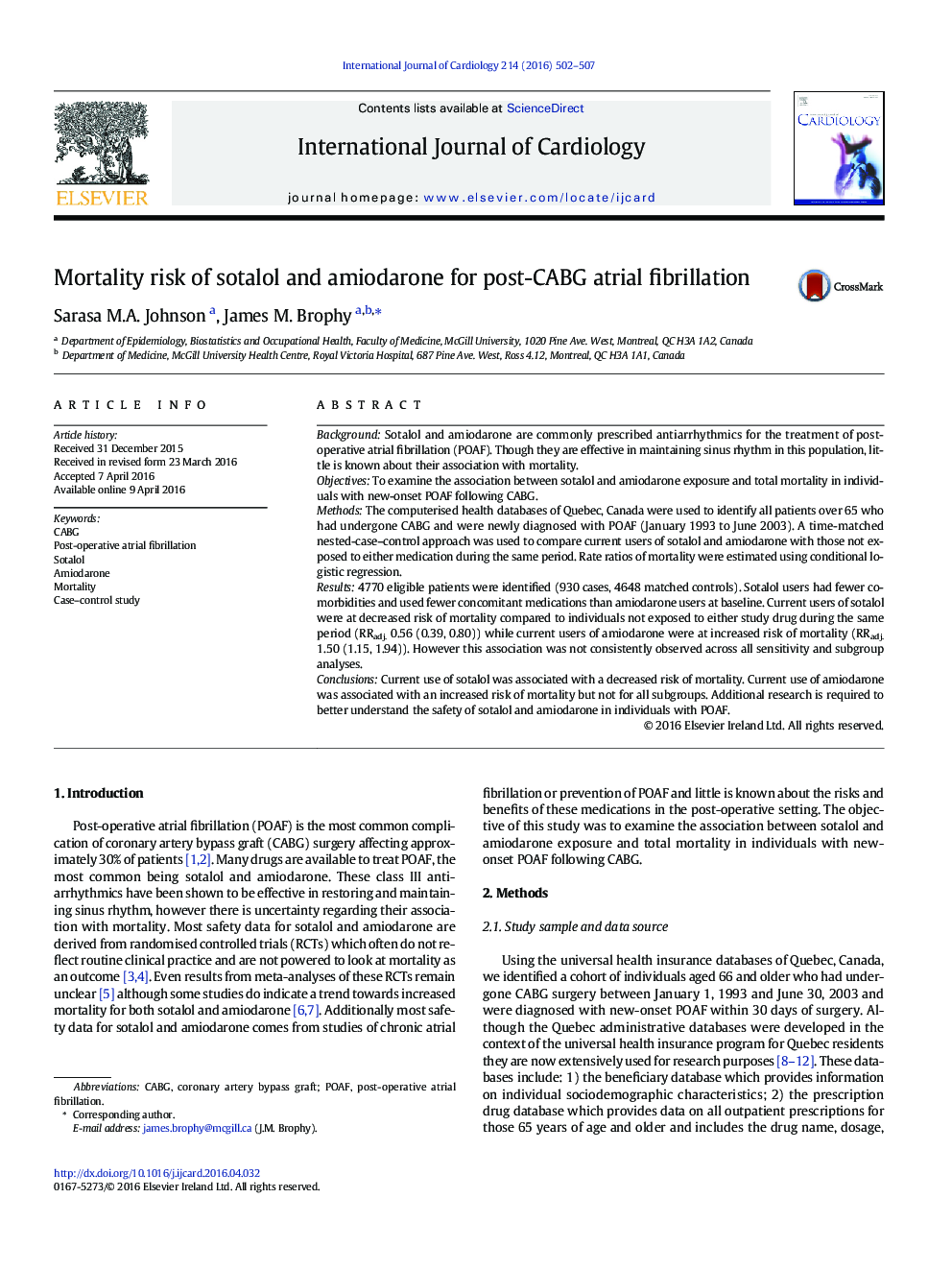 Mortality risk of sotalol and amiodarone for post-CABG atrial fibrillation