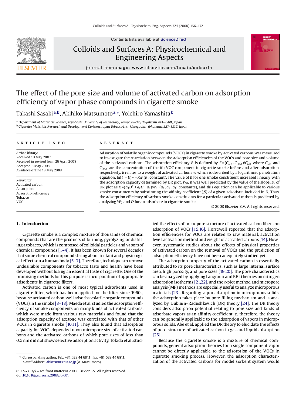 The effect of the pore size and volume of activated carbon on adsorption efficiency of vapor phase compounds in cigarette smoke