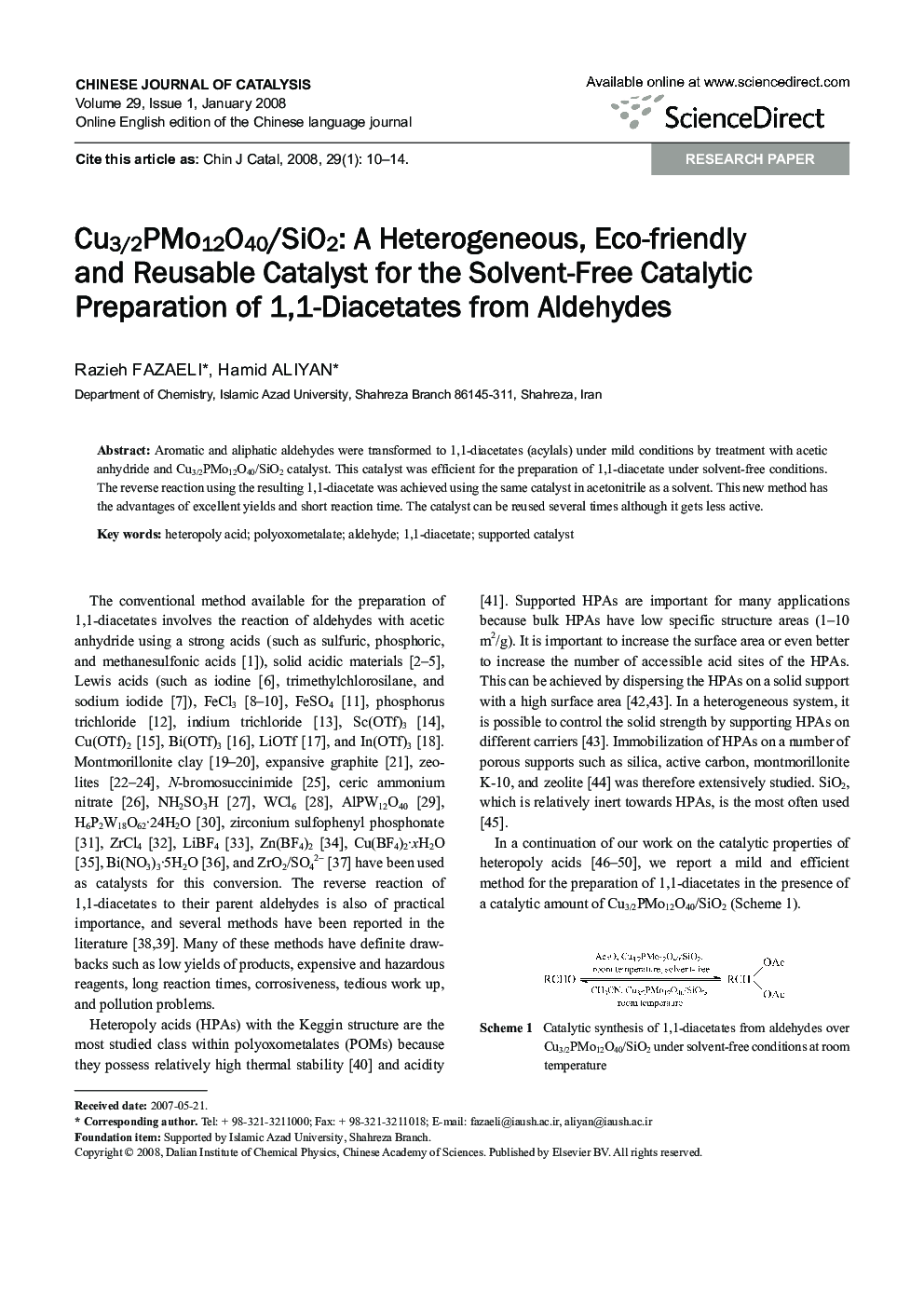 Cu3/2PMo12O40/SiO2: A Heterogeneous, Eco-friendly and Reusable Catalyst for the Solvent-Free Catalytic Preparation of 1,1-Diacetates from Aldehydes 
