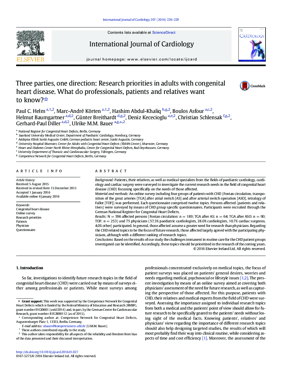 Three parties, one direction: Research priorities in adults with congenital heart disease. What do professionals, patients and relatives want to know?