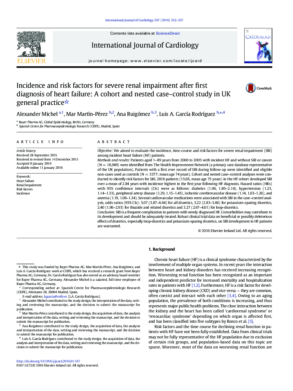 Incidence and risk factors for severe renal impairment after first diagnosis of heart failure: A cohort and nested case-control study in UK general practice