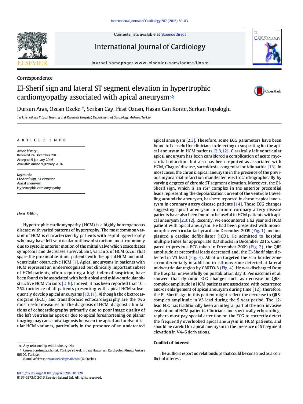 El-Sherif sign and lateral ST segment elevation in hypertrophic cardiomyopathy associated with apical aneurysm