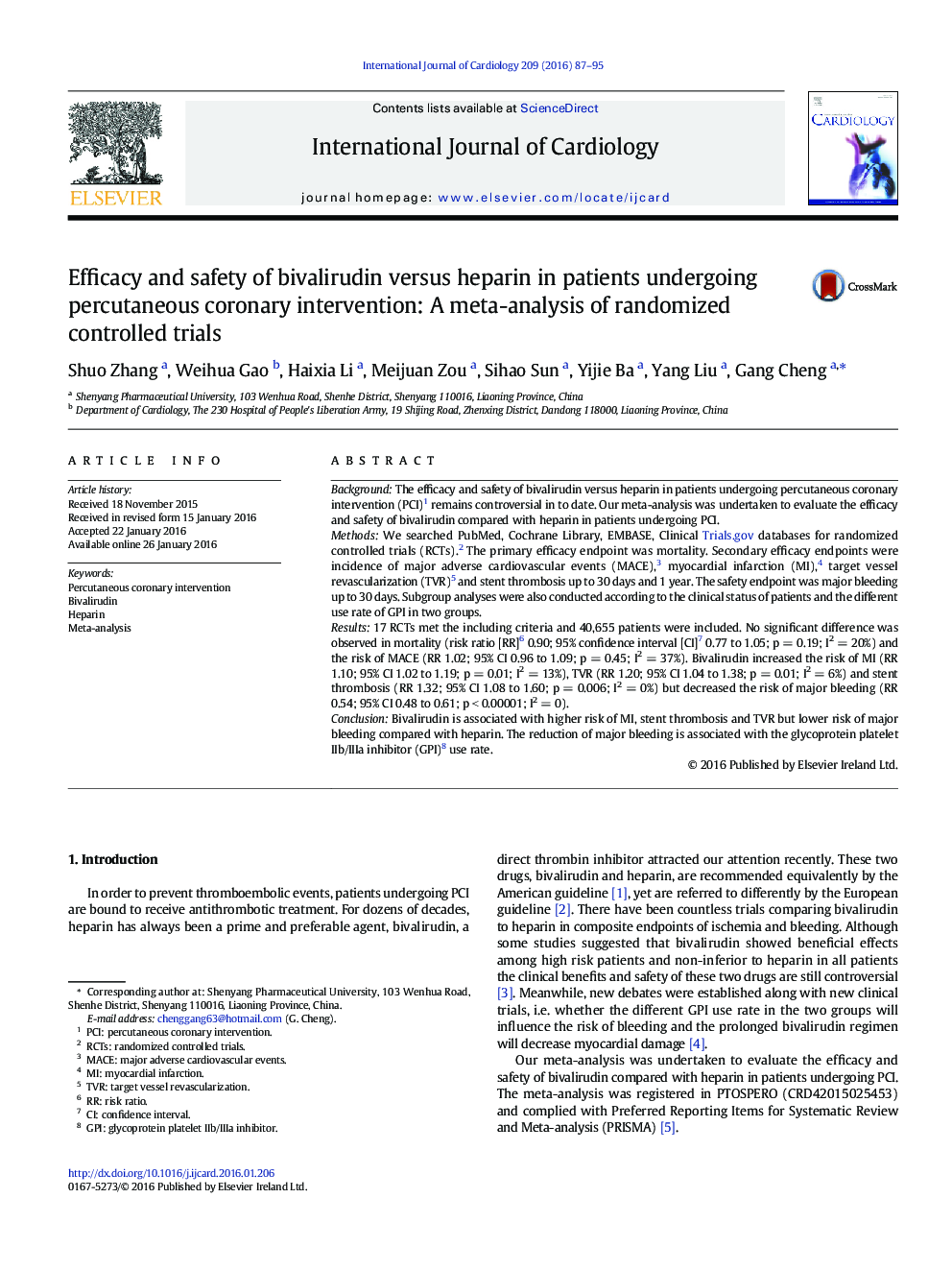 Efficacy and safety of bivalirudin versus heparin in patients undergoing percutaneous coronary intervention: A meta-analysis of randomized controlled trials