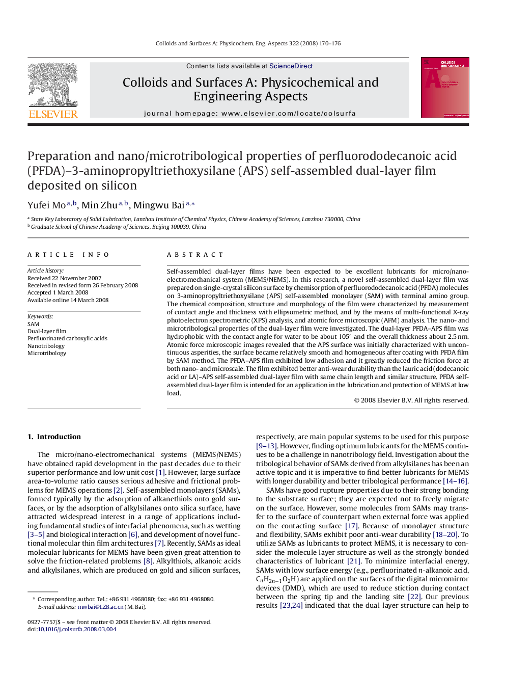 Preparation and nano/microtribological properties of perfluorododecanoic acid (PFDA)–3-aminopropyltriethoxysilane (APS) self-assembled dual-layer film deposited on silicon