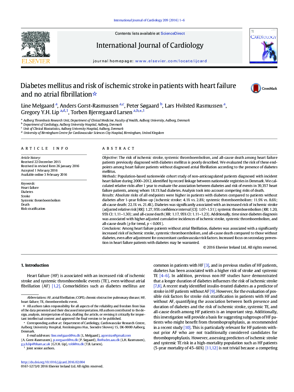 Diabetes mellitus and risk of ischemic stroke in patients with heart failure and no atrial fibrillation