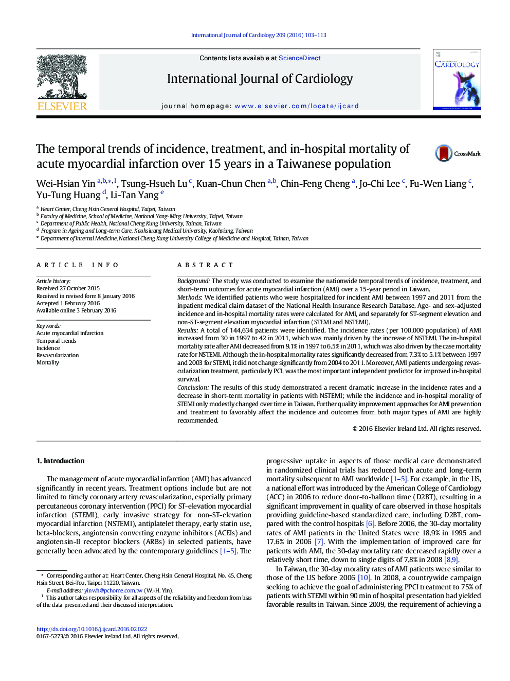 The temporal trends of incidence, treatment, and in-hospital mortality of acute myocardial infarction over 15 years in a Taiwanese population