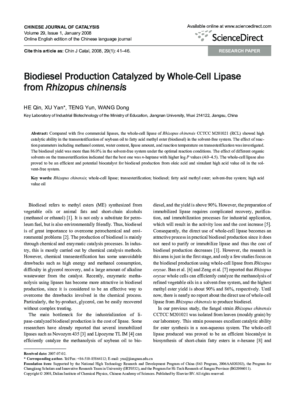 عکس صفحه اول مقاله: Biodiesel Production Catalyzed by Whole-Cell Lipase from Rhizopus chinensis Biodiesel Production Catalyzed by Whole-Cell Lipase from Rhizopus chinensis