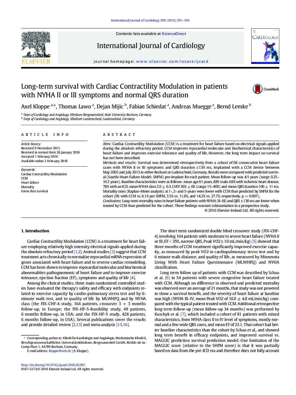 Long-term survival with Cardiac Contractility Modulation in patients with NYHA II or III symptoms and normal QRS duration