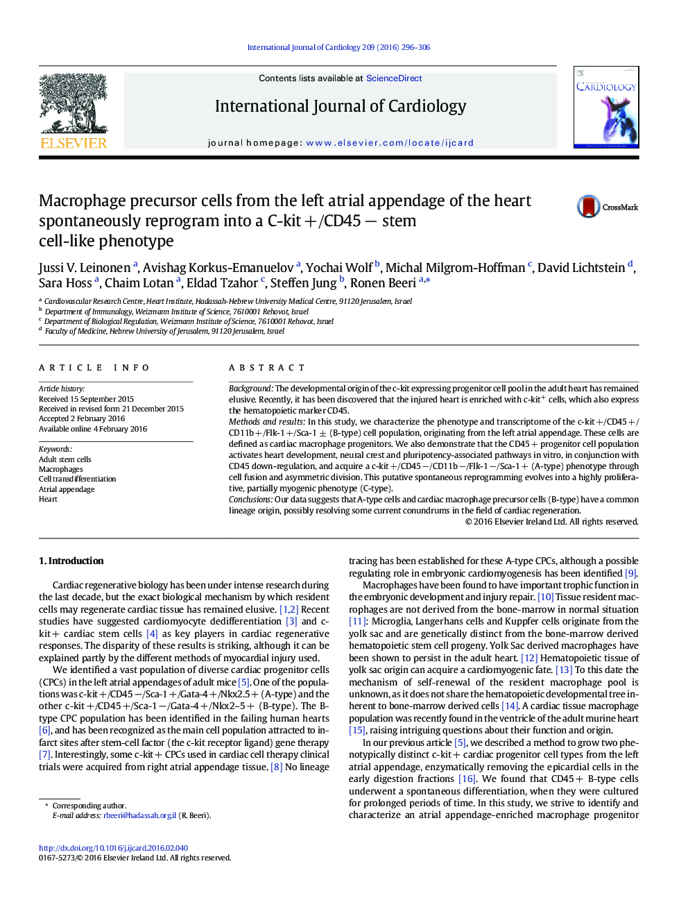 Macrophage precursor cells from the left atrial appendage of the heart spontaneously reprogram into a C-kit +/CD45 â stem cell-like phenotype