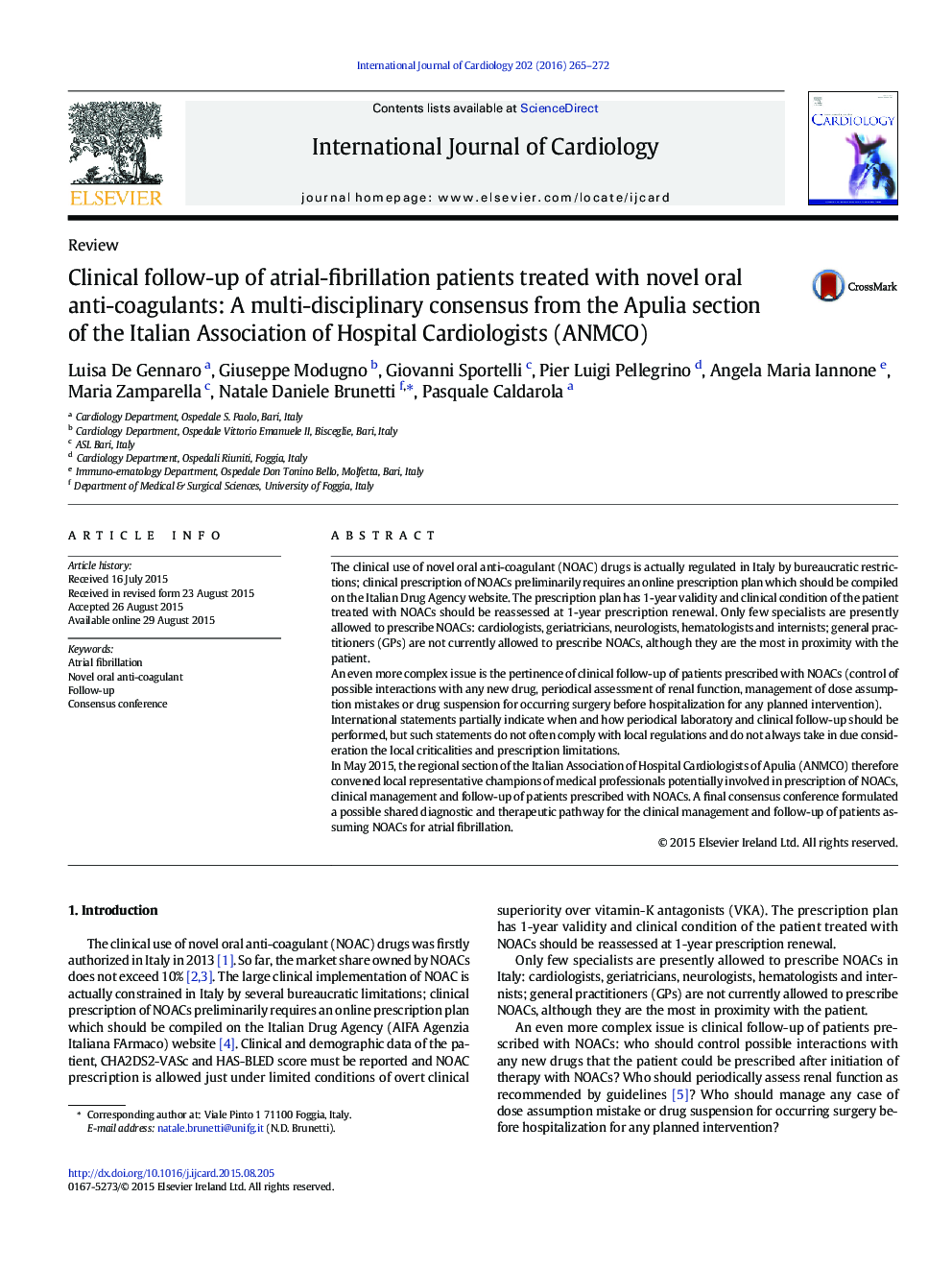 Clinical follow-up of atrial-fibrillation patients treated with novel oral anti-coagulants: A multi-disciplinary consensus from the Apulia section of the Italian Association of Hospital Cardiologists (ANMCO)