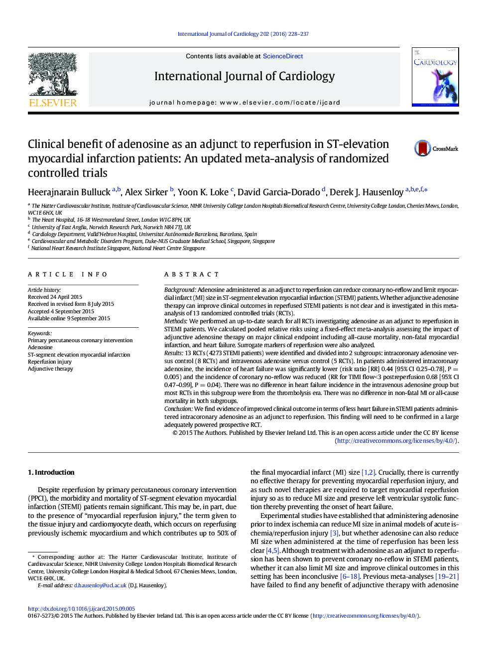 Clinical benefit of adenosine as an adjunct to reperfusion in ST-elevation myocardial infarction patients: An updated meta-analysis of randomized controlled trials