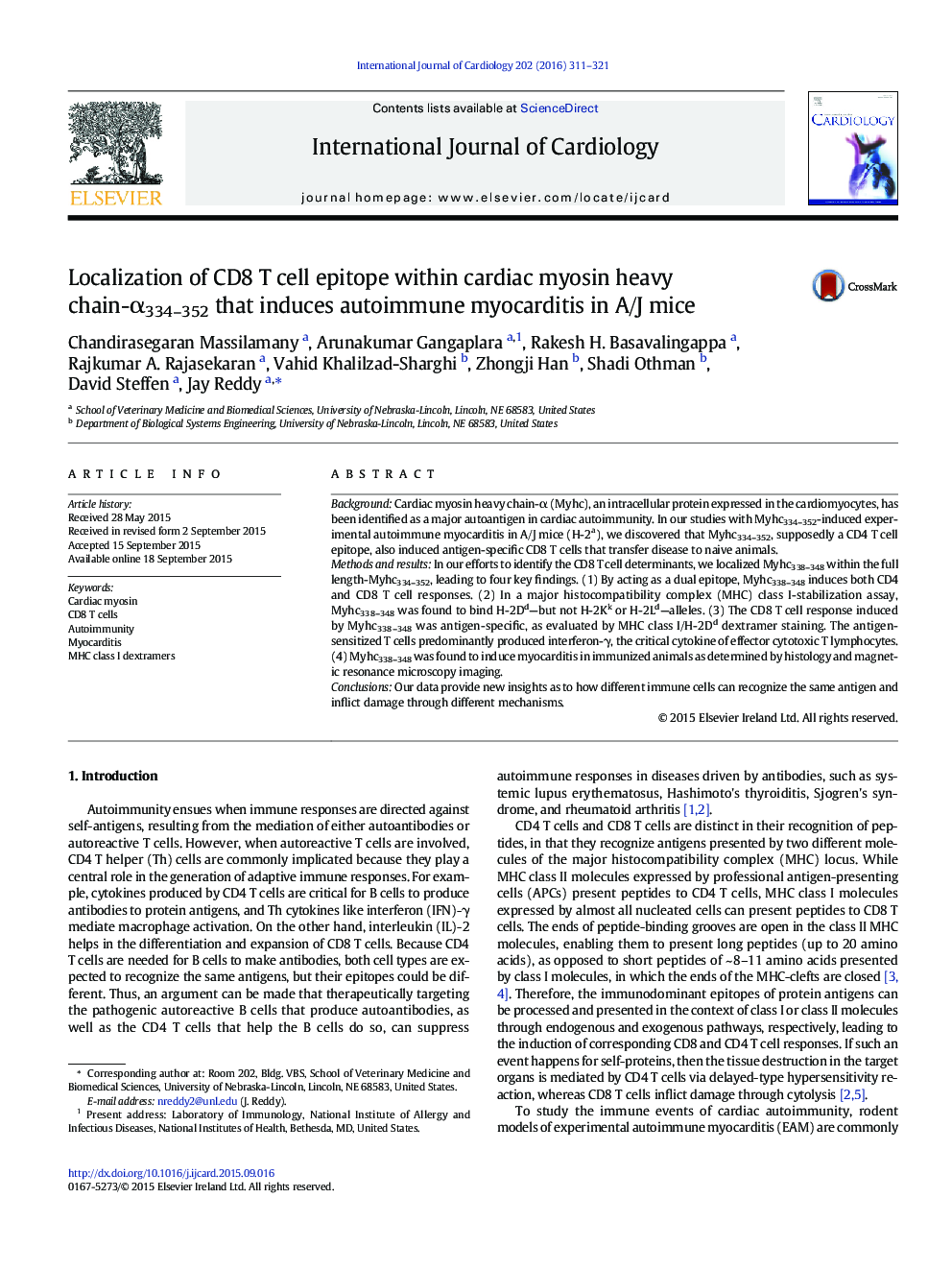 Localization of CD8 T cell epitope within cardiac myosin heavy chain-Î±334-352 that induces autoimmune myocarditis in A/J mice