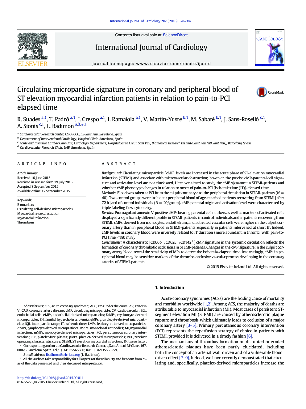 Circulating microparticle signature in coronary and peripheral blood of ST elevation myocardial infarction patients in relation to pain-to-PCI elapsed time