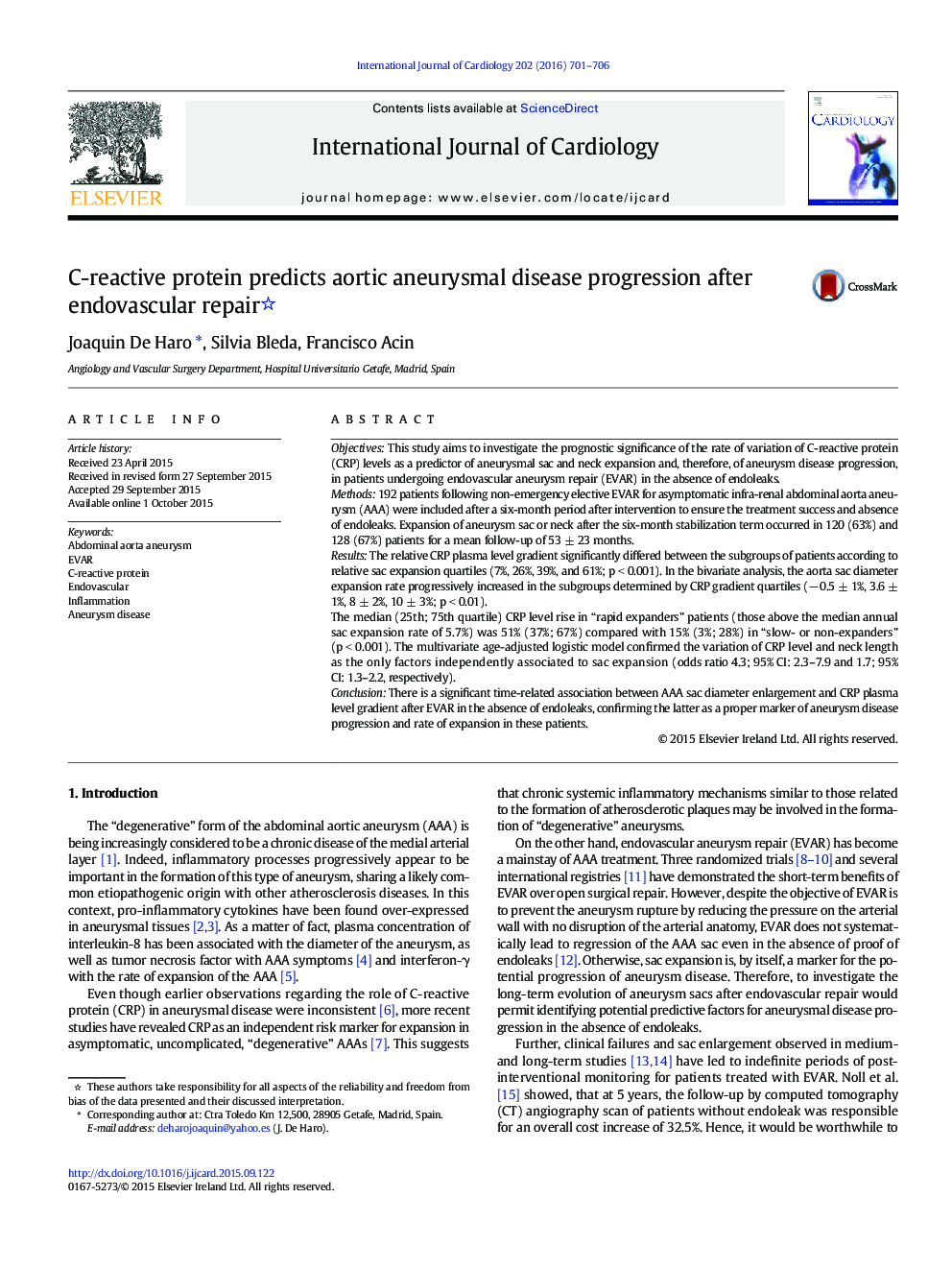 C-reactive protein predicts aortic aneurysmal disease progression after endovascular repair