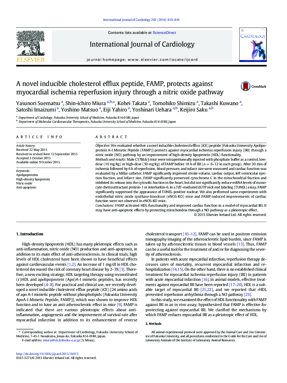 A novel inducible cholesterol efflux peptide, FAMP, protects against myocardial ischemia reperfusion injury through a nitric oxide pathway