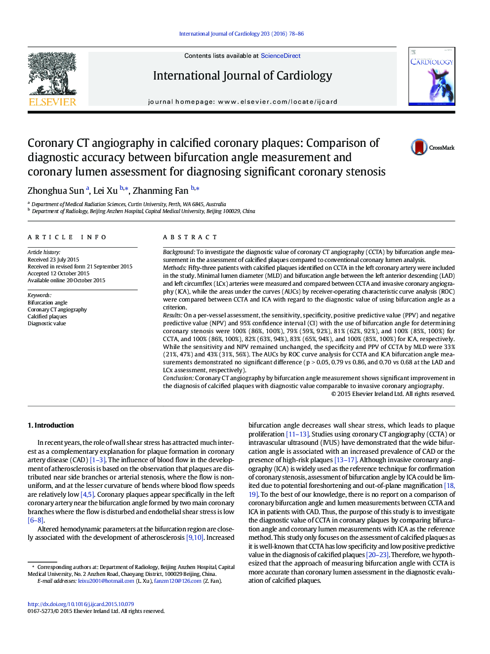 Coronary CT angiography in calcified coronary plaques: Comparison of diagnostic accuracy between bifurcation angle measurement and coronary lumen assessment for diagnosing significant coronary stenosis