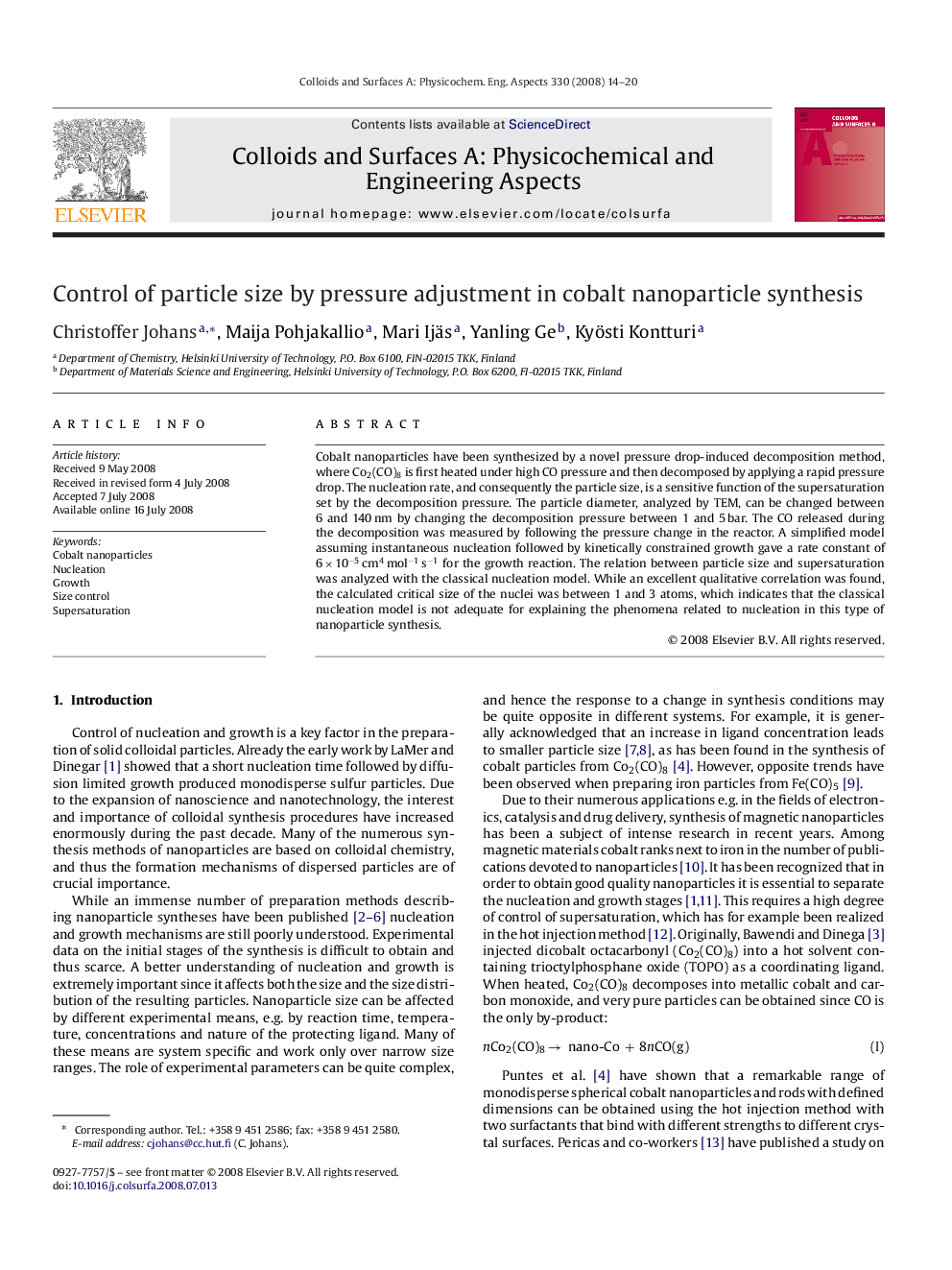 Control of particle size by pressure adjustment in cobalt nanoparticle synthesis