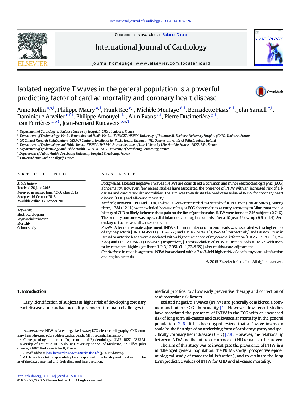 Isolated negative T waves in the general population is a powerful predicting factor of cardiac mortality and coronary heart disease