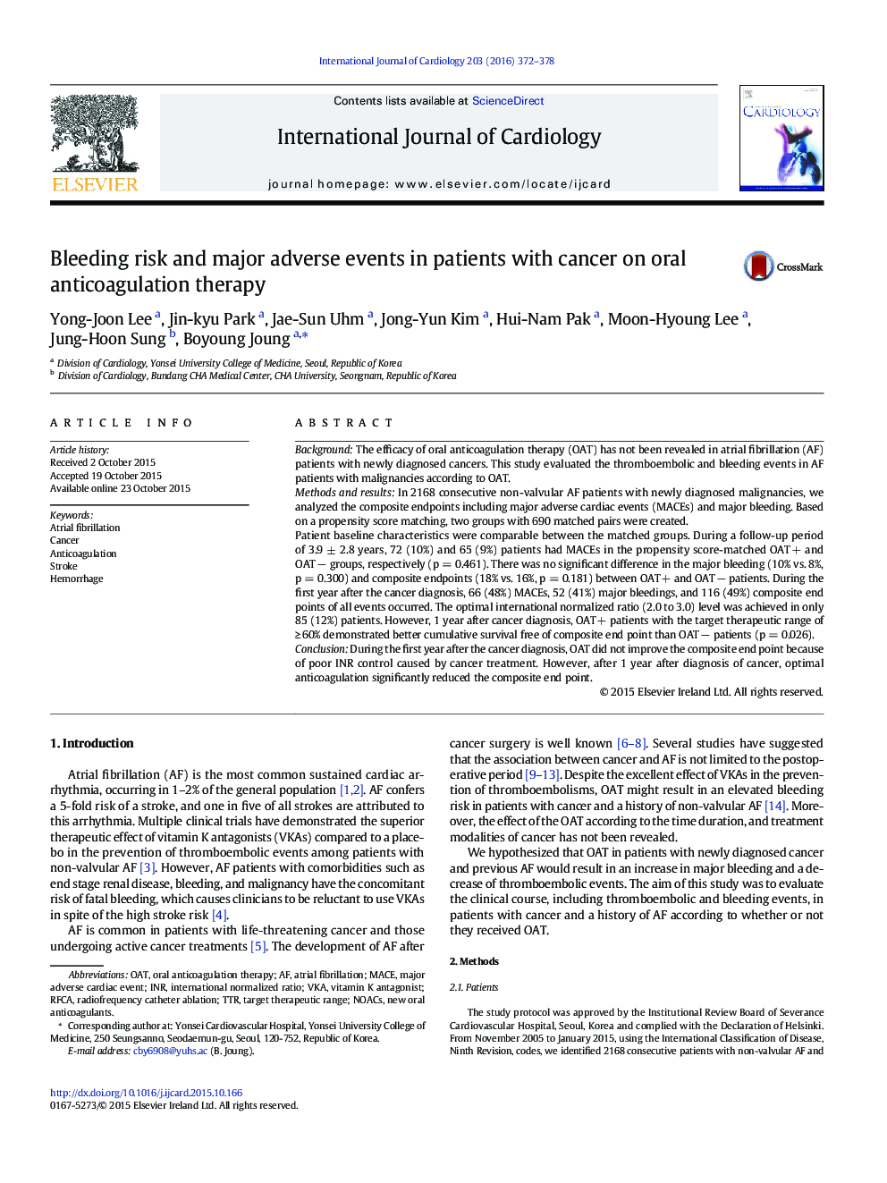 Bleeding risk and major adverse events in patients with cancer on oral anticoagulation therapy