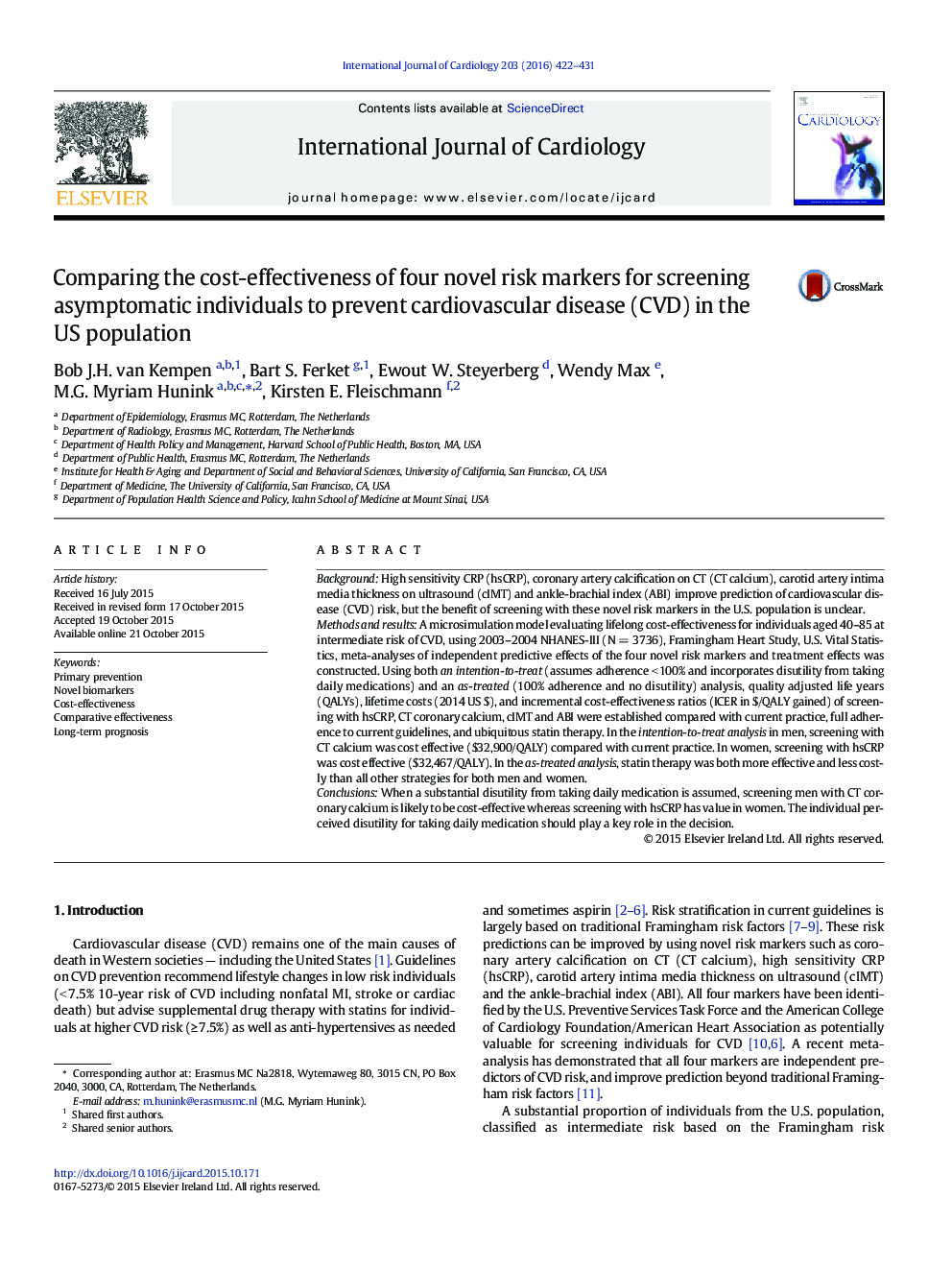 Comparing the cost-effectiveness of four novel risk markers for screening asymptomatic individuals to prevent cardiovascular disease (CVD) in the US population